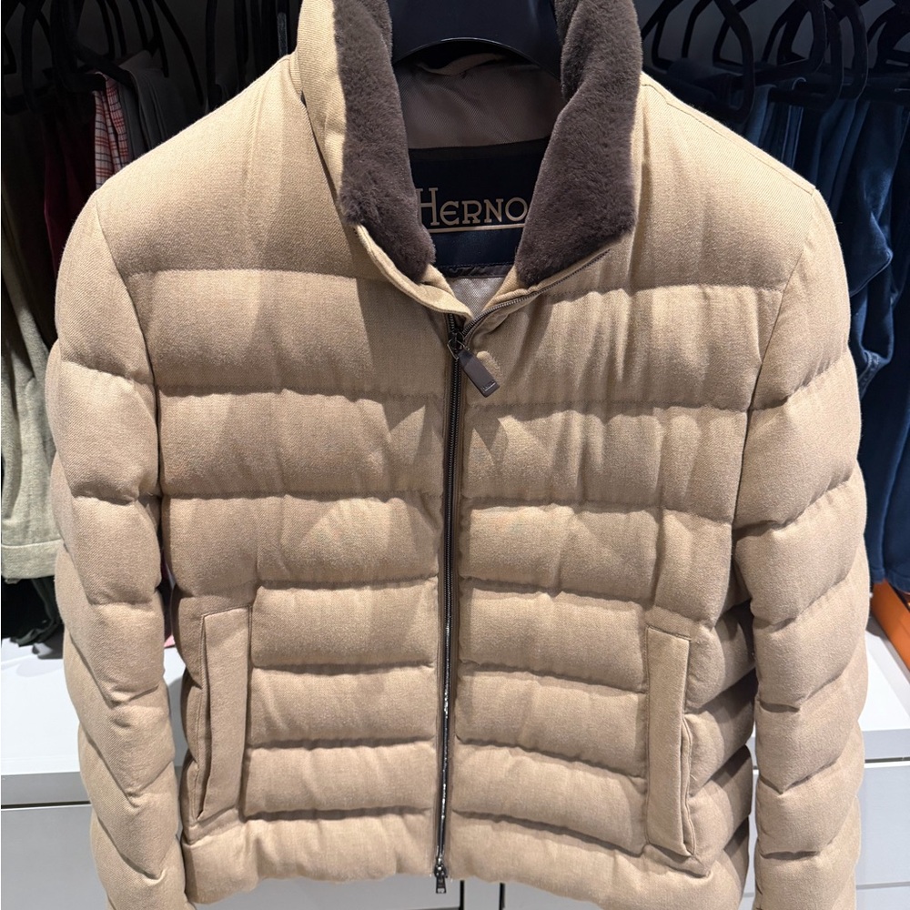 Herno Men's Beige Puffer Jacket with Brown Collar